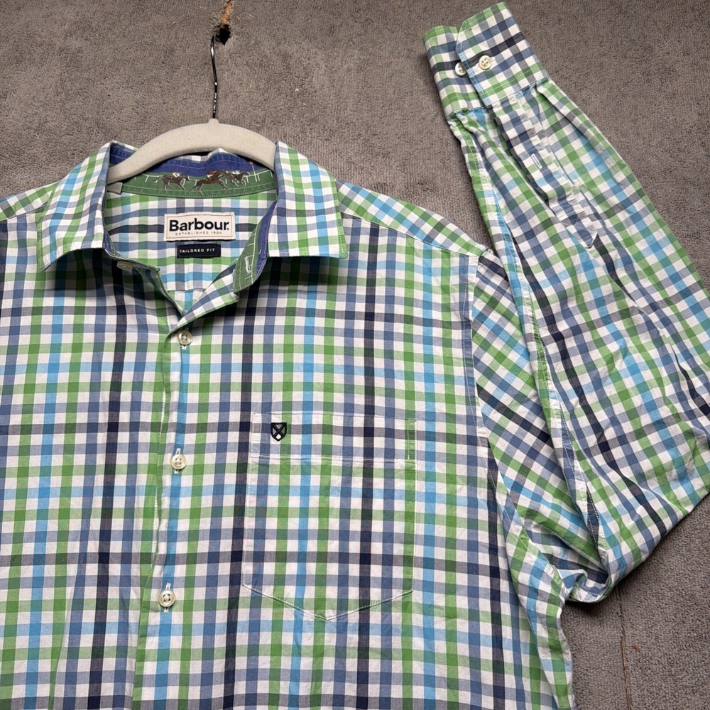 Barbour York Tailored Fit Blue Green Plaid Button Down Shirt Men's Medium